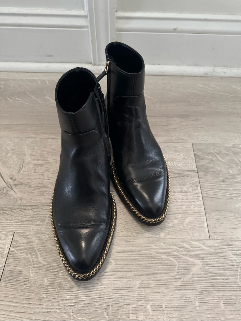 Lanvin Black Leather Ankle Boots with Gold Chain Trim